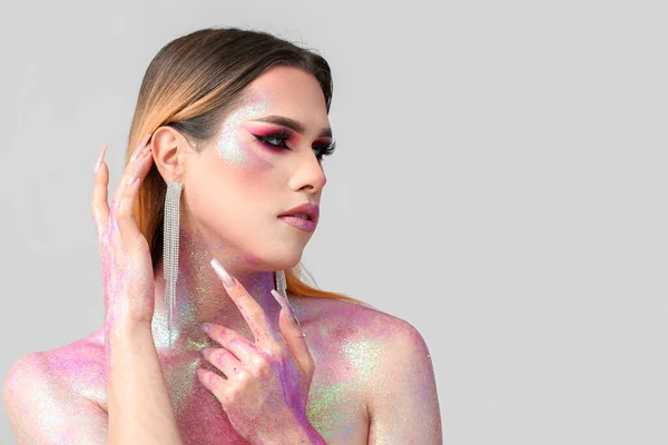 Fashionable Young Transgender Woman Glitters Body Light Background — Stock Photo, Image