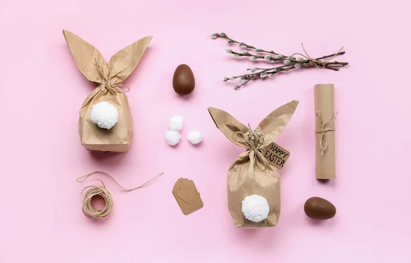 Composition Easter Bunny Gift Bags Chocolate Eggs Pussy Willow Branches — Stockfoto