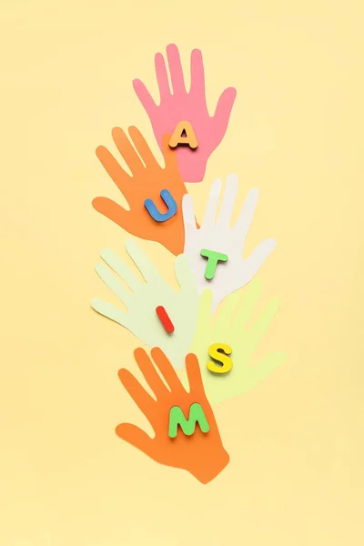 Paper Human Palms Word Autism Beige Background — Stock Photo, Image