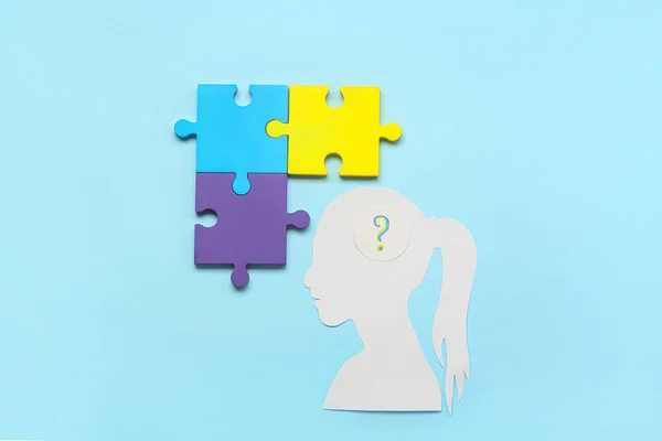 Paper Female Head Question Mark Puzzle Pieces Blue Background Concept — Stock Photo, Image