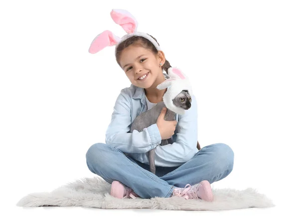 Klein Meisje Met Sphynx Kat Konijnenoren Witte Achtergrond — Stockfoto