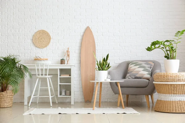 Interior Light Living Room Wooden Surfboard Workplace Houseplants — Stock Photo, Image