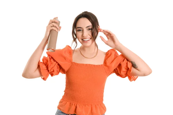 Beautiful Young Woman Hair Spray Isolated White — Stock Photo, Image