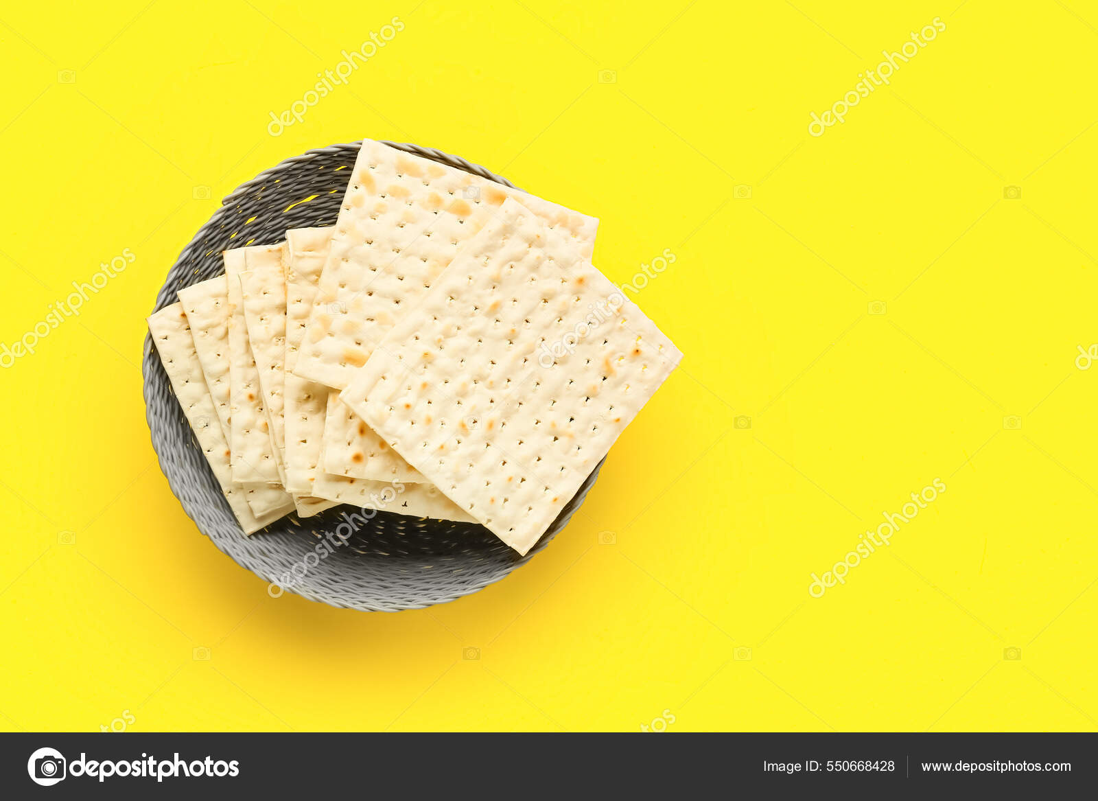 Basket Jewish Flatbread Matza Passover Yellow Background Stock Photo by