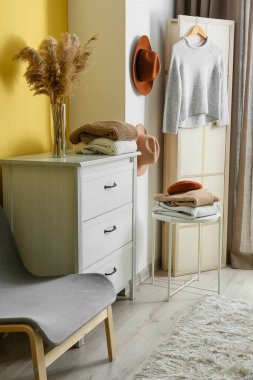 Klozet, katlama ekran ve kalın elbiseli şık bir oda.