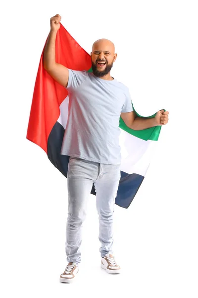 Hombre Con Bandera Nacional Los Emiratos Árabes Unidos Sobre Fondo —  Fotos de Stock