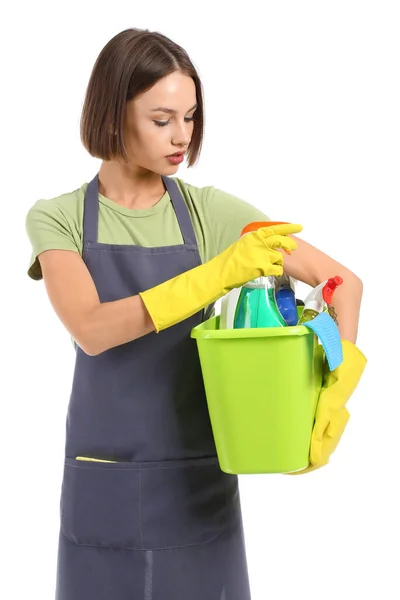 Mulher Bonita Com Suprimentos Limpeza Fundo Branco — Fotografia de Stock