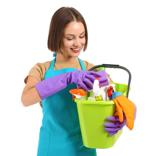 Beautiful Young Woman Cleaning Supplies White Background — Stock Photo, Image