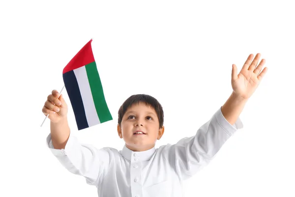 Netter Kleiner Junge Mit Nationalflagge Der Vae Auf Weißem Hintergrund — Stockfoto