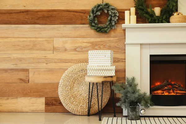 Intérieur Chambre Moderne Avec Cheminée Décorations Noël — Photo