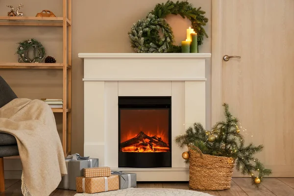 Interior Modern Room Fireplace Christmas Decorations — Stock Photo, Image