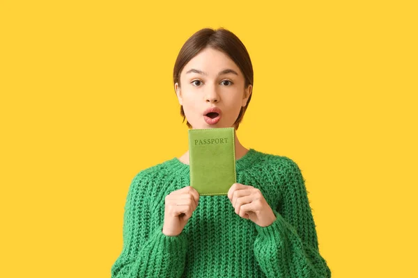 Surprised Young Woman Passport Color Background — Stock Photo, Image