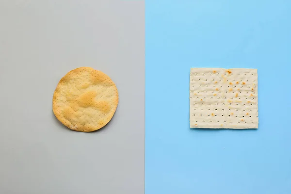 Different Jewish Flatbread Matza Passover Color Background — Stock Photo, Image