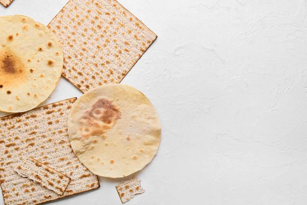 Different Jewish Flatbread Matza Passover White Background — Stock Photo, Image