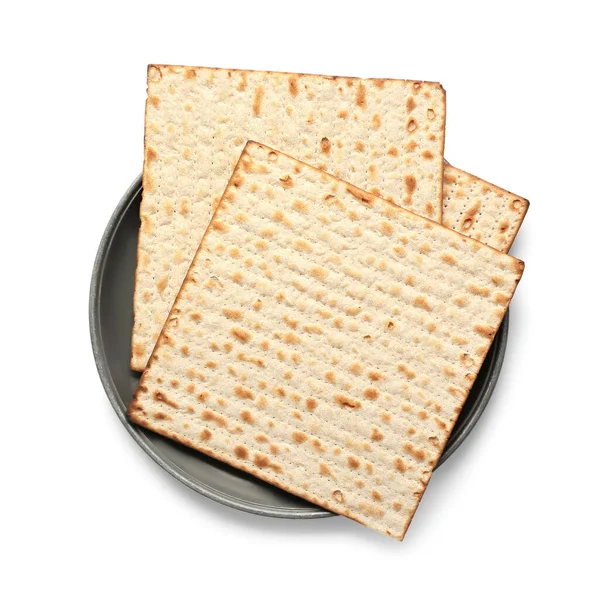 白底逾越节用的带有犹太扁平面包的盘子 — 图库照片