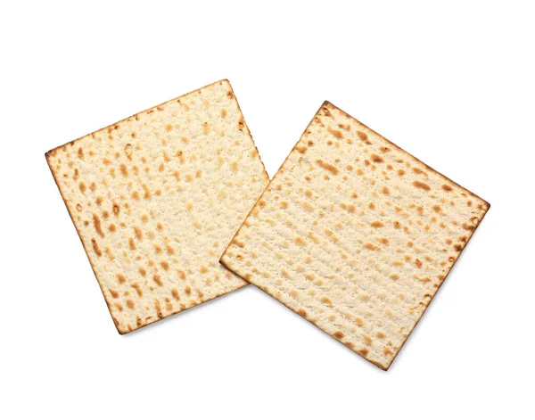 白色背景的逾越节犹太平饼垫 顶视图 — 图库照片