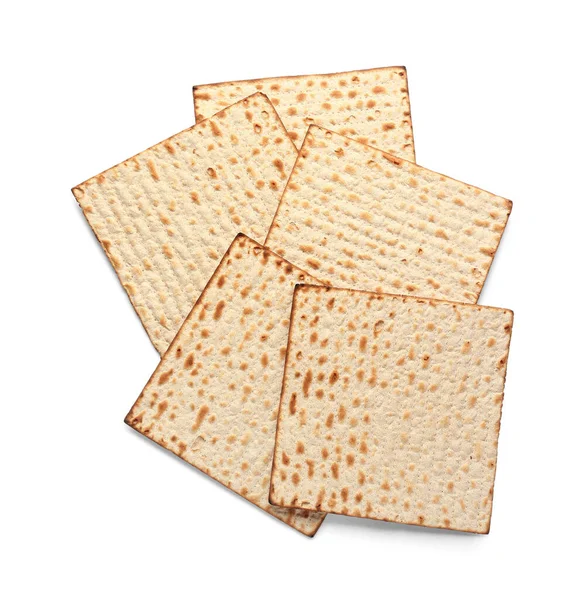 Εβραϊκή Flatbread Matza Για Πάσχα Λευκό Φόντο Top View — Φωτογραφία Αρχείου