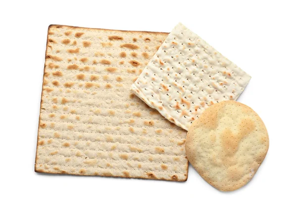 Różne Żydowskie Flatbread Matza Paschę Białym Tle — Zdjęcie stockowe