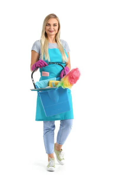 Woman Cleaning Supplies Isolated White — Stock Photo, Image