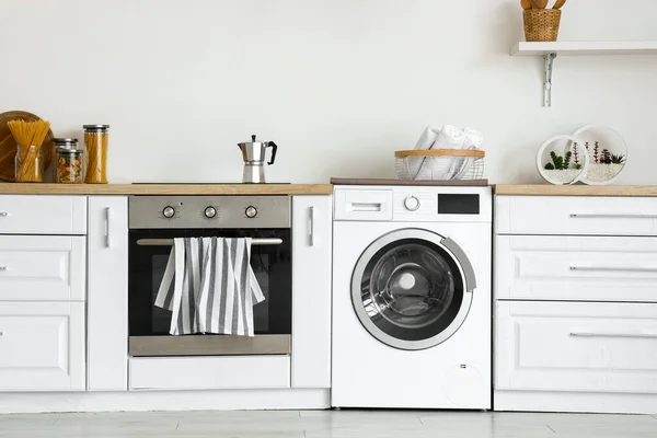 Interior Light Kitchen Washing Machine Oven White Counters — Stock Photo, Image