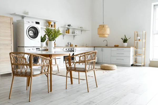 Interior Light Kitchen Washing Machines White Counters Shelves — Stock Photo, Image