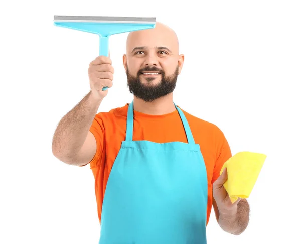 Bald Man Squeegee Rag Isolated White — Stock Photo, Image