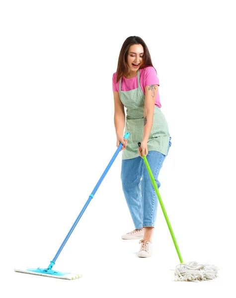 Young Woman Floor Mops Isolated White — Stock Photo, Image
