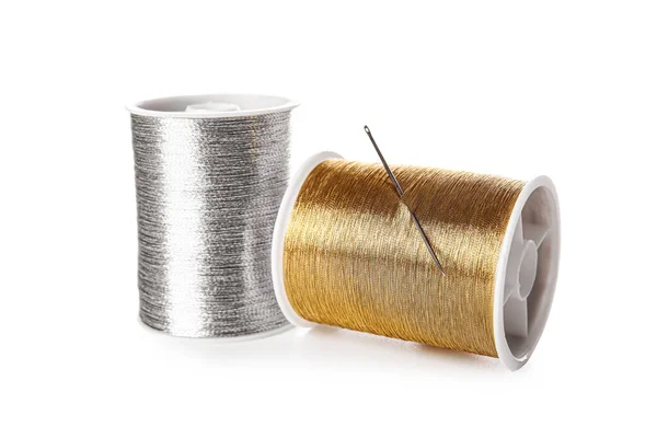 Silver Golden Thread Spools Needle White Background — Stock Photo, Image