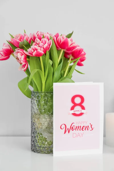Greeting Card Text Happy Women Day Vase Tulips Table Light — Stock Photo, Image