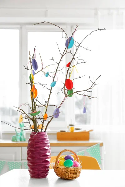 Vase Tree Branches Basket Easter Eggs Table Light Room — Stock Photo, Image