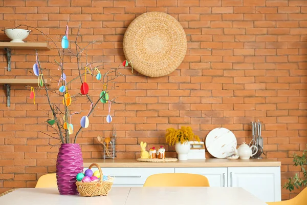 Vase Tree Branches Basket Easter Eggs Table Stylish Room — Stock Photo, Image