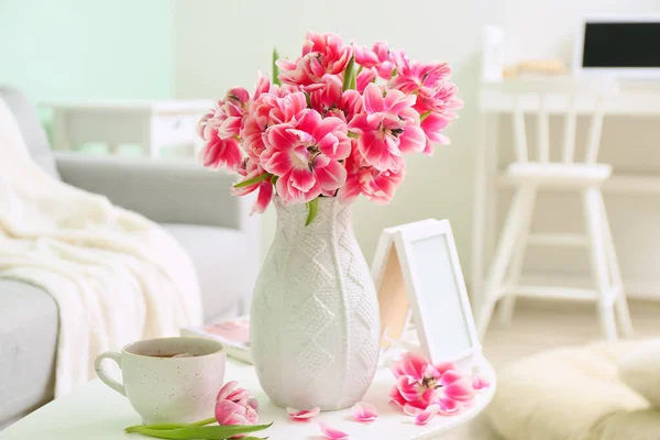 Vase Beautiful Tulips Blank Photo Frame Cup Tea Table Room — Stock Photo, Image