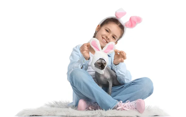 Little Girl Sphynx Cat Bunny Ears White Background — Stock Photo, Image