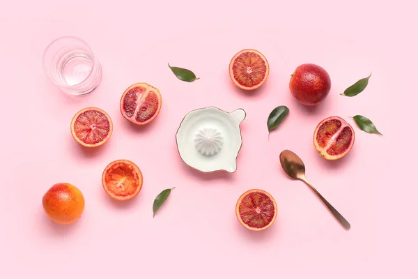 Ceramic Juicer Grapefruits Pink Background — Stock Photo, Image