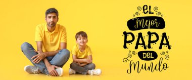 Greeting card for International Father's Day with daddy and son on yellow background clipart