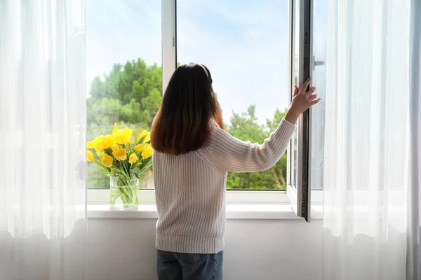 Pretty Young Asian Woman Opening Window Home Sunny Day Back — Stock Photo, Image