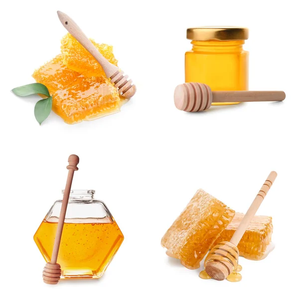 甘い蜂蜜の瓶とディッパーとハニーコムの白い背景 — ストック写真