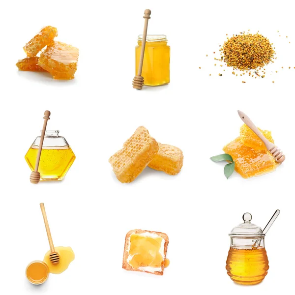 Potten Zoete Honing Met Dippers Honingraten Bijenpollen Witte Achtergrond — Stockfoto