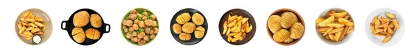 Set Delicious Potato Dishes White Background Top View — Stock Photo, Image