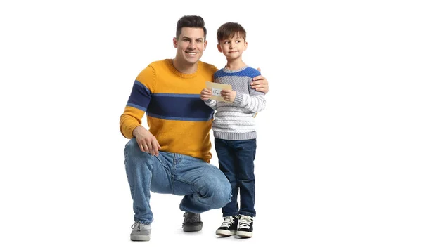 Little Boy His Dad Greeting Card Father Day White Background — Stock Photo, Image