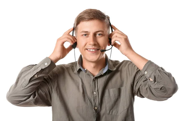 Joven Consultor Call Center Auriculares Sobre Fondo Blanco —  Fotos de Stock