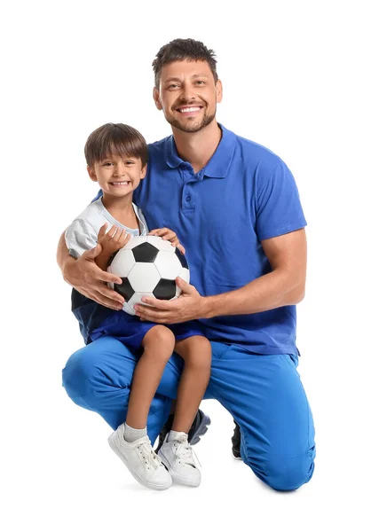 Entraîneur Masculin Avec Petit Garçon Ballon Football Sur Fond Blanc — Photo