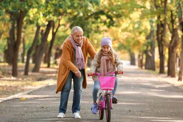 Klein Meisje Met Haar Oma Paardrijden Fiets Het Najaar Park — Stockfoto