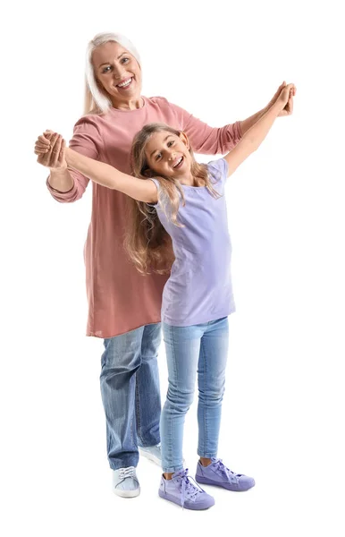 Menina Feliz Com Sua Avó Fundo Branco — Fotografia de Stock