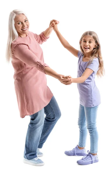 Menina Feliz Com Sua Avó Fundo Branco — Fotografia de Stock