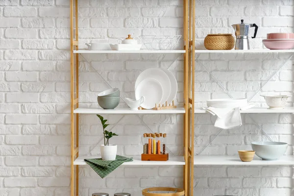 Modern Shelf Units Kitchenware White Brick Wall — Stock Photo, Image