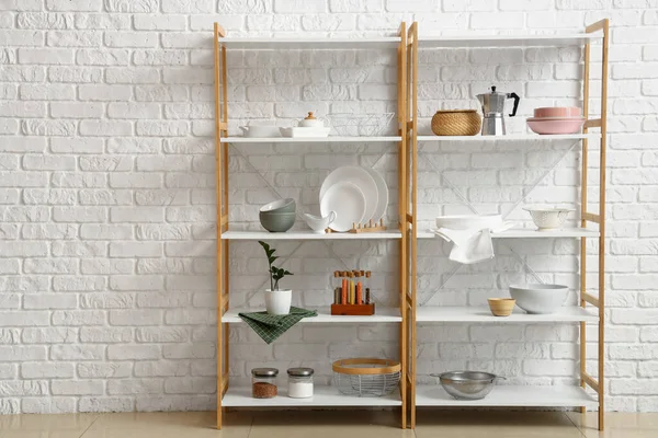 Modern Shelf Units Kitchenware White Brick Wall — Stock Photo, Image