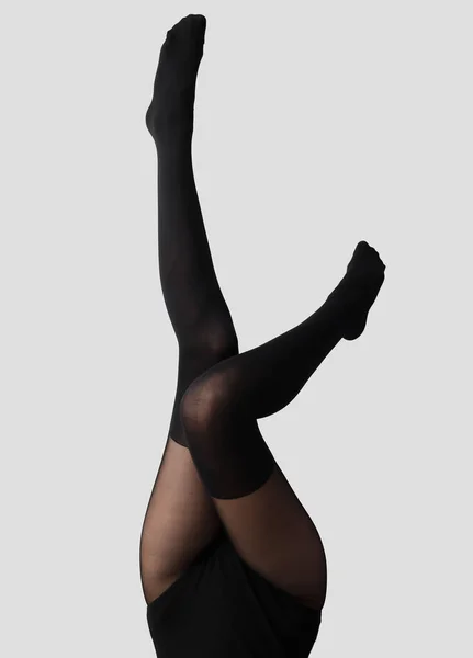 Beautiful Young Woman Black Tights Light Background — Stock Photo, Image