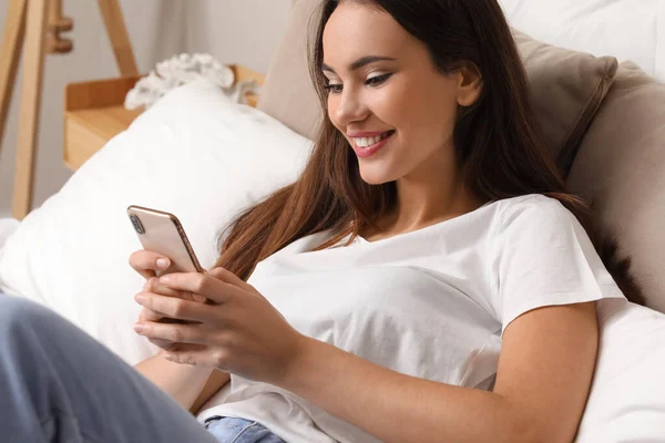 Beautiful Happy Young Woman Mobile Phone Bedroom — Stock Photo, Image