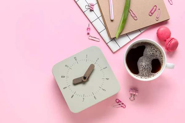 New Alarm Clock Cup Coffee Stationery Pink Background — Stock Photo, Image